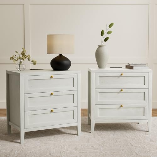 Large Nightstand Set of 2 with 3 Drawers, Farmhouse Bedside End Table with Charging Station, Modern Wood Night Stand for Sofa, Bedroom, Antique White - color: Antique White, size: 2 PCS (3 Drawers)