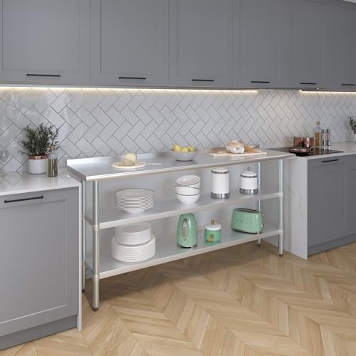 AmGood Stainless Steel Work Table with 1.5" Backsplash and 2 Shelves | Metal Kitchen Food Prep Table | NSF (72" Long x 18" Deep) - size: 72" Long x 18" Deep