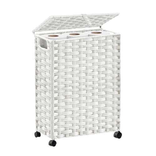 Hiagnete Toilet Paper Storage Basket with Lid and Wheels, Rattan Toilet Paper Holder Storage, Toilet Paper Organizer for Bathroom, Bedroom, Kitchen, 12.6”L x 7.1”W x 17.14”H, White - color: White, size: 12.6”L x 7.1”W x 17.14”H