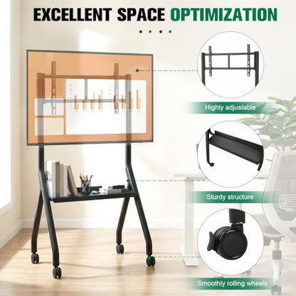 Smart Board Stand with 4 Lockable Wheels, 42-75" Height Adjustable Mobile Stand, Floor Wheeled TV Cart Rack Supports Up to 210lbs Rolling TVs Bracket with Laptop Shelf for Office/Classroom/HOM