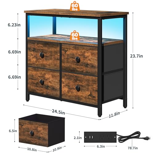 Yoobure Night Stand with Charge Station, Nightstand with 4 Drawers Bedside Table, LED Dresser with Storage Shelf, Night Stands for Bedroom, Side Table 3-Tier Wood End Table for Home Rustic Brown - color: Rustic Brown