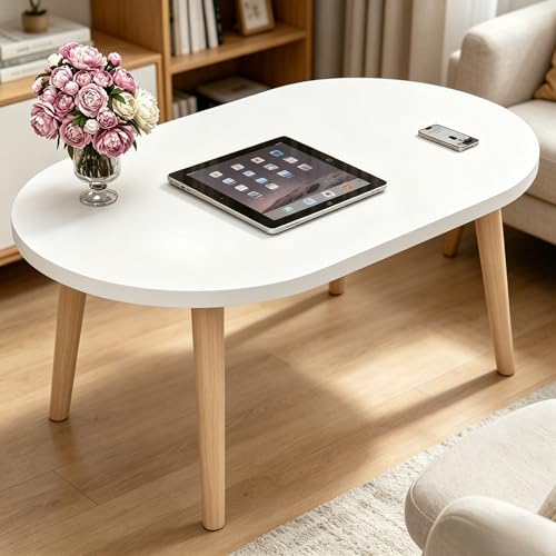 FAMIDGE Coffee Table, 23.6" Small Oval Coffee Tables for Small Space with 4 Solid Wood Leg, Floor Table Desk for Sitting on The Floor, Side Table Japanese Low Table for Living Room Apartment, White - color: 23.6"l Oval White