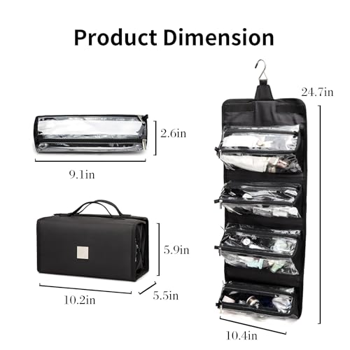 Roll Up Makeup Bag, Travel Toiletry Bag for Women with 4 Clear TSA Approved Pouches, Hanging Travel Organizer, Folding Cosmetic Bag for Men and Women - color: Black
