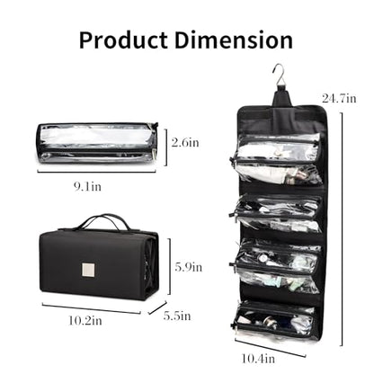 Roll Up Makeup Bag, Travel Toiletry Bag for Women with 4 Clear TSA Approved Pouches, Hanging Travel Organizer, Folding Cosmetic Bag for Men and Women - color: Black