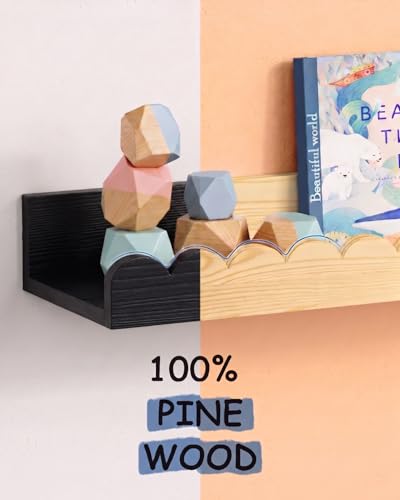 Harwaya Black Floating Nursery Wall Book Shelves Set of 4, Scalloped Shelves for Nursery, Cloud Hanging Bookshelf for Kids Bedroom Baby Child Toddler Room Kitchen Bathroom (Pine Wood) - color: Black