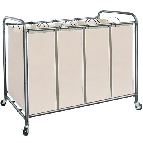 STORAGE MANIAC Laundry Sorter 4 Section, 47.5 Gal (180 L) Laundry Hamper with Wheels, Clothes Divider Basket Sorter, Separator Hamper Cart with Removable Bags, Beige - color: Beige, size: 4 Section