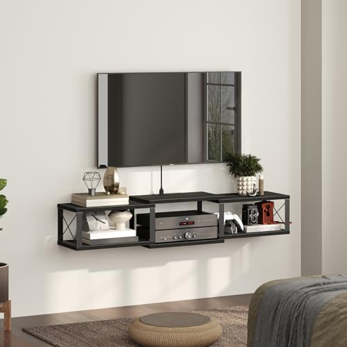 MAHANCRIS 43.7” Floating TV Stand with Power Outlet, Wall-Mounted Entertainment Center, Floating Metal Frame Media Console Shelf for Under TV Storage, for Living Room, Bedroom, Black TVHB101E01 - color: Black