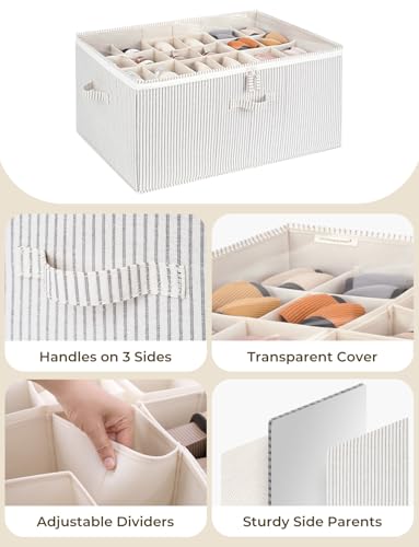 StorageWorks Shoe Organizer for Closet, Fits up to 24 Pairs, Shoe Cubby Storage Containers with Adjustable Dividers and Clear Cover, Khaki and Beige Stripes | Adjustable Dividers, Holds up to 24 Pairs, Foldable, Clear Lid, Soft Handles, Fits Boots, Sandal