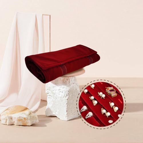 Velvet Travel Jewelry Case Roll Bag Organizer for Necklace Bracelet Earrings Ring (Black) (Burgundy) - color: Burgundy