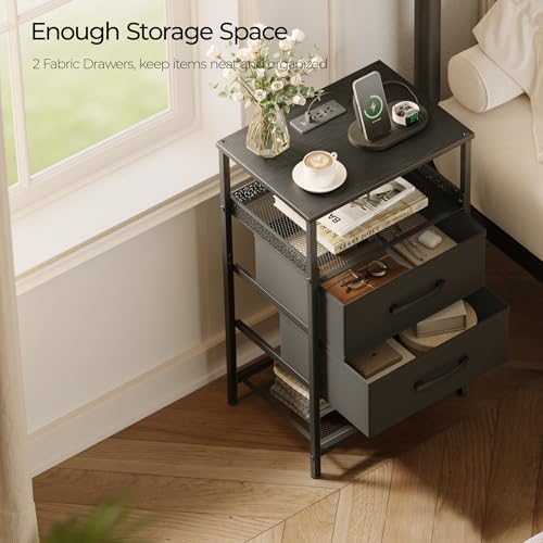 JARHETUN Nightstand Set of 2 with Charging Station, Night Stands with LED Lights, 26.4 Inch Tall Bedside Table with Metal Shelf, Side Table with 2 Fabirc Drawers for Bedroom, Black - color: Black, style: LED & Power