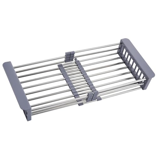 Sink Dish Drying Rack, Stainless Steel Drainer for 12.5"-20.5" Sinks, Kitchen Countertop Organizer for Dishes, Vegetables, and Fruits (Grey & Large Size) - color: Gray, size: Large