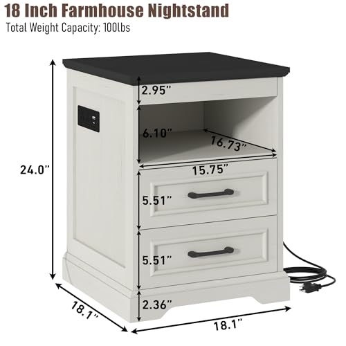 18" Farmhouse Nightstand with Charging Station, Antique White | End Table with 3 Drawers Storage, Side Table, Bedside Cabinet for LivingRoom Bedroom Office - color: Antique White