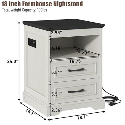 18" Farmhouse Nightstand with Charging Station, Antique White | End Table with 3 Drawers Storage, Side Table, Bedside Cabinet for LivingRoom Bedroom Office - color: Antique White