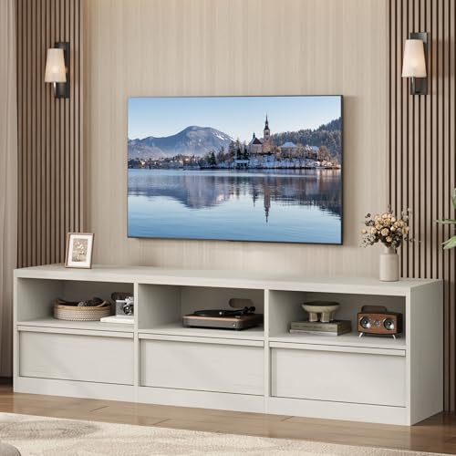 Modern TV Stand with Storage for TVs Up to 85", 70 inch Media Console with Drawer & Open Shelves, Mid Century Entertainment Center for Living Room, White - color: White