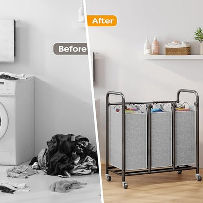 Whitmor 3-Bag Laundry Sorter, Laundry Hamper Cart with Heavy Duty Rolling Lockable Wheels and Removable Bags, Laundry Organizer Basket Clothes Separator Hamper, Grey, Large, KJ3009 - size: 3 Section B，Grey
