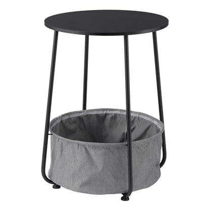 Modern Round Side End Table with Fabric Storage Basket, Matte White and Camel Brown, Contemporary Nightstand (Black) - color: Black