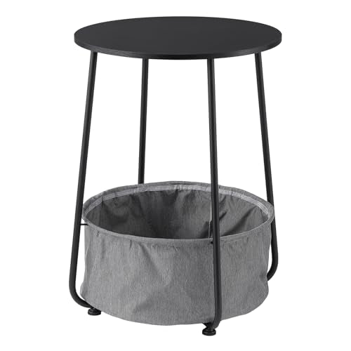 Modern Round Side End Table with Fabric Storage Basket, Matte White and Camel Brown, Contemporary Nightstand (Black) - color: Black