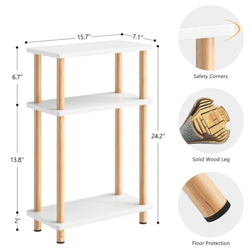 Apicizon 3 Tier End Table, Narrow Side Table with Storage Shelf, Bedroom, Living Room, Entryway, Farmhouse, White and Natural - color: White and Natural, style: Narrow Side Table