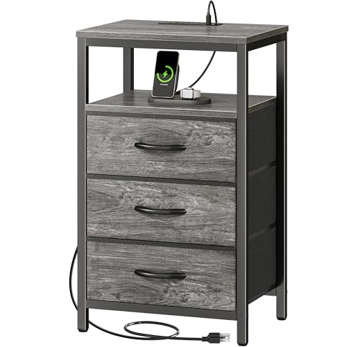 Huuger Nightstand with Charging Station, 27.6 Inch End Table Bedside Table with USB Ports and Outlets, Night Stand for Bedroom, Fabric Drawers, Grey - color: Grey, size: 11.8"D x 15.7"W x 27.6"H (3 Drawers)