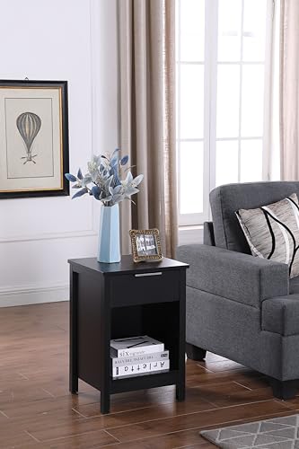 Nightstand with Drawer,Wooden End Table with Drawer and Opening Shelf,Side Table for Bedroom,Black - color: Black, style: 1 Drawers