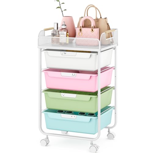 SYKIARIOL 4-Drawer Rolling Storage Cart with Mesh Top, Utility Craft Organizer Cart on Wheels with DIY Labels, Rolling Drawer Cart for Home Office Classroom Bedroom, Colourful - color: Rainbow