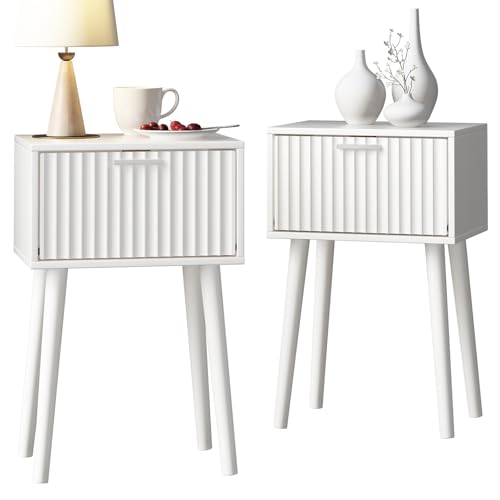 LAATOOREE Nightstands Set of 2, Small Side Table, Bedside Table with Fluted Door, Solid Wood Feet; Modern Mid-Century End Table for Bedroom, Small Space (White) - color: White, style: Fluted Style