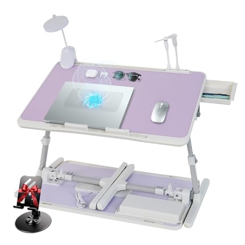 iXTRA Laptop Lap Desk Include Cooling Fan,Adjustable Lap Desk with Light Fan,Folding Laptop Desk for Bed with USB,Bed Desk with Storage Drawer 60x40cm,Purple - color: Purple+holder,60x40cm