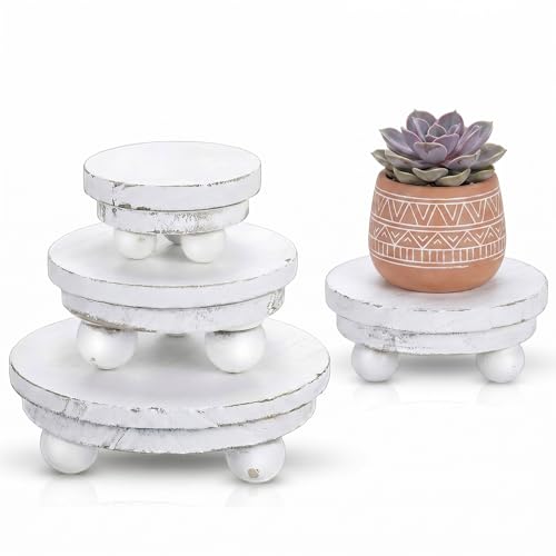 Amyhill 3 Pcs 5/4/3 Inch Mini Wooden Risers for Decor Small Round Pedestal Stand, Washed White Farmhouse Wood Riser with Ball Feet for Tiered Tray, Candles, Plants, Home Kitchen Decor - color: Washed White, size: 5/4/3 Inch