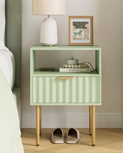 Night Stand,Modern Bedside Table with Drawer and Shelf,Green Night Stand with Gold Frame,Small Side Table for Bedroom,Living Room - color: Green