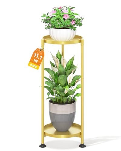 LASZOLA 2 Tier Gold Plant Stand Indoor for Large Tall Heavy Duty Flower Planter, Metal Vertical Multi Level Rack for Narrow Floor Corner, Sturdy Round Holder Organizer, Modern, Mid Century, Farmhouse - color: Gold, size: 2 Tier