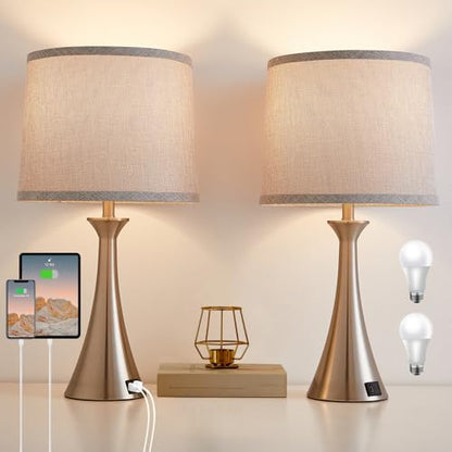 Touch Lamp for Living Room Bedroom, 21" Table Lamps Set of 2 with USB C+A Ports and Grey Lamp Shades, Touch Bedside Lamps for Nightstand with 3 Way Dimmable, 2 LED Bulbs Included, Silver - color: Silver 2pcs