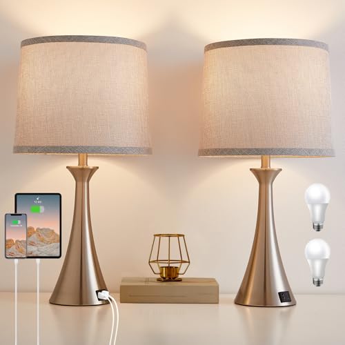 Touch Lamp for Living Room Bedroom, 21" Table Lamps Set of 2 with USB C+A Ports and Grey Lamp Shades, Touch Bedside Lamps for Nightstand with 3 Way Dimmable, 2 LED Bulbs Included, Silver - color: Silver 2pcs