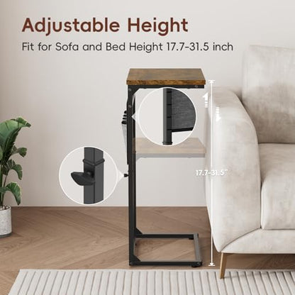 Vagusicc C Shaped End Table, Set of 2 Tall Side Table for Couch, Adjustable Height Small Couch Side Table for Small Spaces, End Table Slide Under Sofa Table TV Tray Arm Table for Living Room, Brown - color: Rustic Brown 2pc