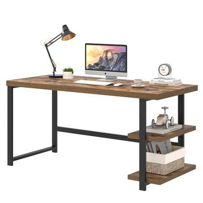 EXCEFUR Modern Computer Desk, Home Office Desk with Storage Shelf, Wood Study Writing Table Workstation for Bedroom Living Room, Rustic Brown, 53 Inch - color: Brown
