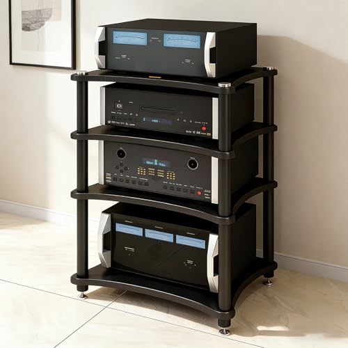 Heavy Duty 4-Tier AV Media Stand, 352 lb Load Capacity, Black | anti-vibration feet that help reduce resonance for clearer sound, open ventilation, cable management, Built for Hi-Fi systems - color: Black, size: 4 Tier