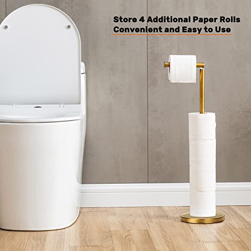 Toilet Paper Holder Stand, Freestanding Toilet Paper Holder Stand with Reserve for 4 More Rolls, SUS304 Stainless Steel Sturdy Base (Brushed Gold) - color: Brushed Gold