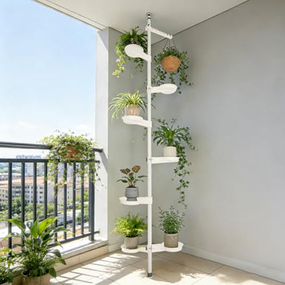 Plant Stand Indoor, 6-Tier Tension Rod Hanging Plant Stand Adjustable Flower Display Rack with 6 Trays Space Saver Corner Plant Poles Floral Pot Hanger Shelf for Displaying Flowers and Potted