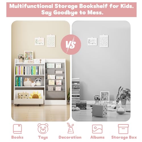 COZPAW Kids Bookshelf and Toy Storage, 4 Tier Toddler Bookshelf with Movable Drawer (White) - color: White