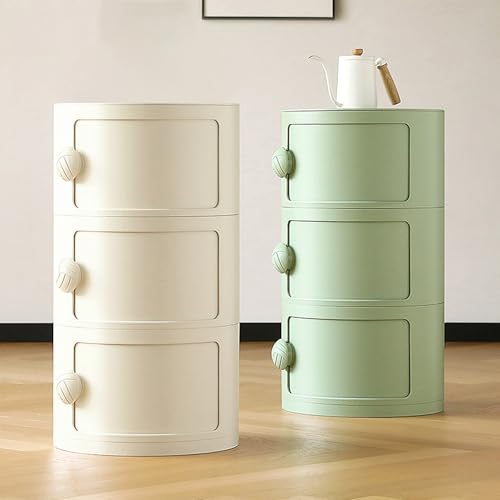 3 Tier Round Nightstand with Drawers, Plastic Green Nightstand Modern Round Bedside Table with Handles and Sliding Door for Bedroom, Living Room - color: Green