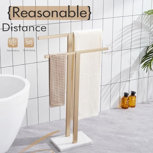 KOKOSIRI Bathroom Towel Rack 2-Tier Free Standing Towel Bars with Marble Base, Stainless Steel Stand Towels Holder, Thicken Steady Design, Champagne Bronze THS0003-CPG - color: Champagne Bronze