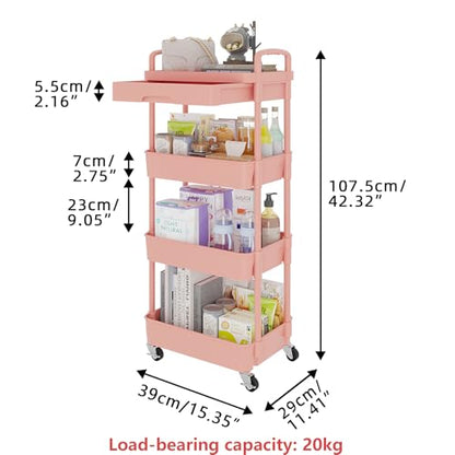 Calmootey 4-Tier Rolling Utility Cart with Drawer,Multifunctional Storage Organizer with Plastic Shelf & Metal Wheel,Storage Cart for Kitchen,Bathroom,Living Room,Office,Pink | Space-Saving Organizer, Sturdy Plastic Shelves, Smooth-Rolling Metal Wheels, B