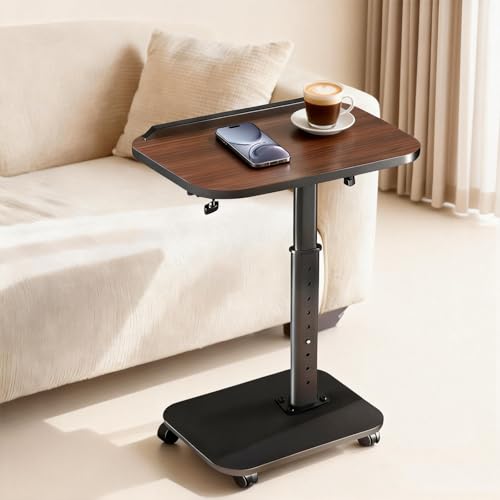 C Table End Table Adjustable Height, Rolling TV Tray Table for Small Spaces 180° Flip-Over Panel Design & 360° Swivel Casters, C Shaped Side Tables for Couch for Living Room, Bedroom, Bed, Sofa, Snack - color: Brown