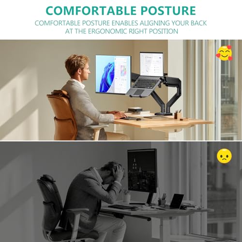 WALI Laptop Desk Mount, Dual Monitor Arm with Laptop Holder, Adjustable Height Laptop Arm Mount for Desk, Fits 17” Notebook and 32” Monitors, Up to 22Lbs (GSMP002LP), Black - size: Dual, style: Fully Adjustable Desk Mount