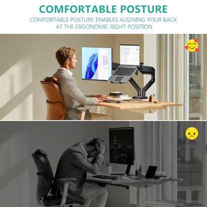 WALI Laptop Desk Mount, Dual Monitor Arm with Laptop Holder, Adjustable Height Laptop Arm Mount for Desk, Fits 17” Notebook and 32” Monitors, Up to 22Lbs (GSMP002LP), Black - size: Dual, style: Fully Adjustable Desk Mount