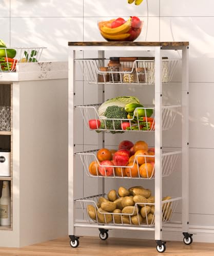 Fruit Vegetable Storage Cart for Kitchen, 5-Tier Vegetable Stand Rack with Pull-Out Fruit Baskets, Rolling Snack Cart with Wood Top & Banana Holder for Pantry, Living Room, Bathroom, White - style: White