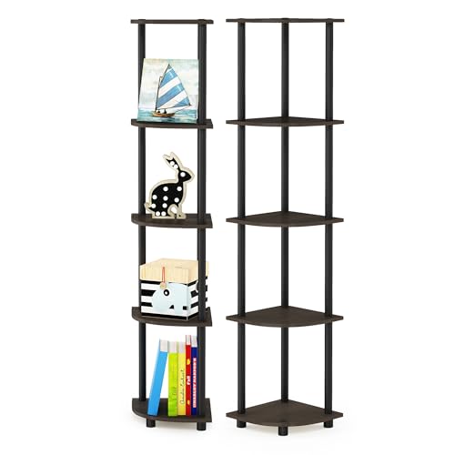 Furinno TURN-N-TUBE Corner Shelf Set of 2, 5-Tier Corner Bookshelf, Open Storage Shelves, for Organization and Storage, Living Room, Home Office, Garage, Dark Brown Grain - color: Dark Brown Grain/Black, size: 5-Tier Round Tube (Set of 2)