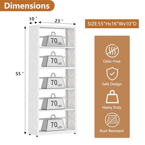 Polup Bookshelf, 5 Tier Metal Bookcase with Adjustable Shelves, Tall White Book Shelf with Bookends, White Display Shelves for Living Room, Home Office, Library - color: White, size: 5 Tier-23" W