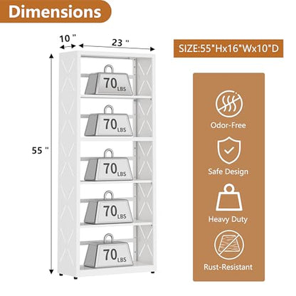 Polup Bookshelf, 5 Tier Metal Bookcase with Adjustable Shelves, Tall White Book Shelf with Bookends, White Display Shelves for Living Room, Home Office, Library - color: White, size: 5 Tier-23" W