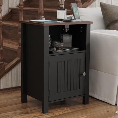 Furnify Farmhouse Nightstand Set of 2, Night Stand with Charging Station and USB Port, Modern Nightstand with Storage Shelf, Rustic Side Table with Open Space, Side Table for Bedroom, Black - color: Black
