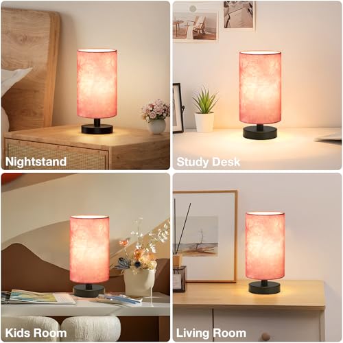 Fenmzee Small Table Lamp for Bedroom - Inline Control, Bedside Lamp with 3000K A15 LED Blub, Easy Assembly (Pink Shade - Black Base, 9" Inline Control) - color: Pink Shade - Black Base